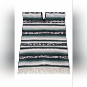 Mexican Serape Poncho Green Gray Black Woven Fringe Boho Festival